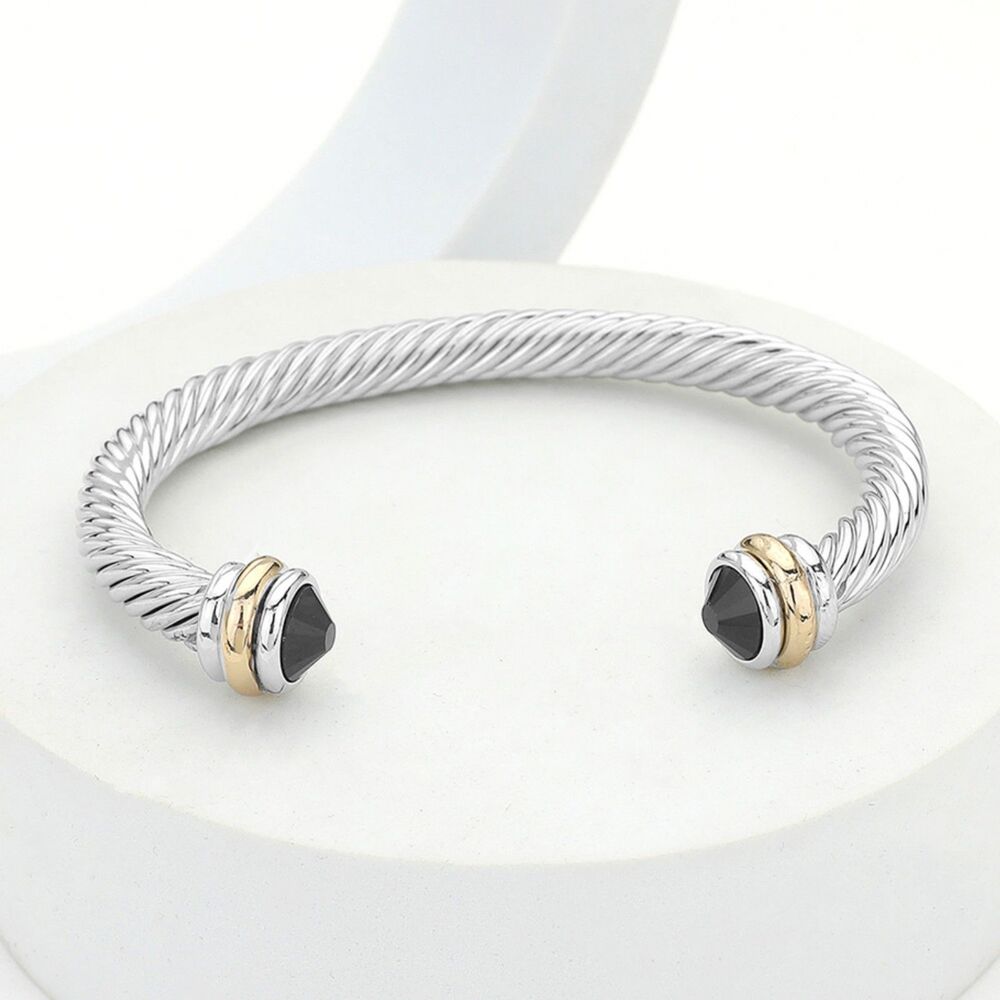 Silver Black Stone Tip Twist Rope Cable Cuff Bracelet Bangle Textured Metal